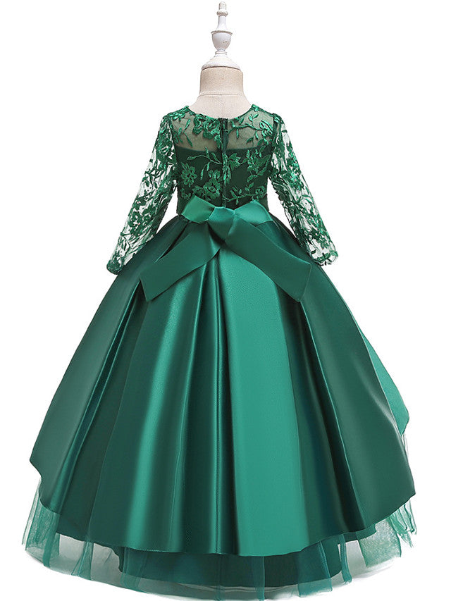 A-Line 3/4 Length Sleeve Jewel Neck Cotton Lace Ball Gown Flower Girl Dresses With Lace Sash Ribbon Pleats-BallBride