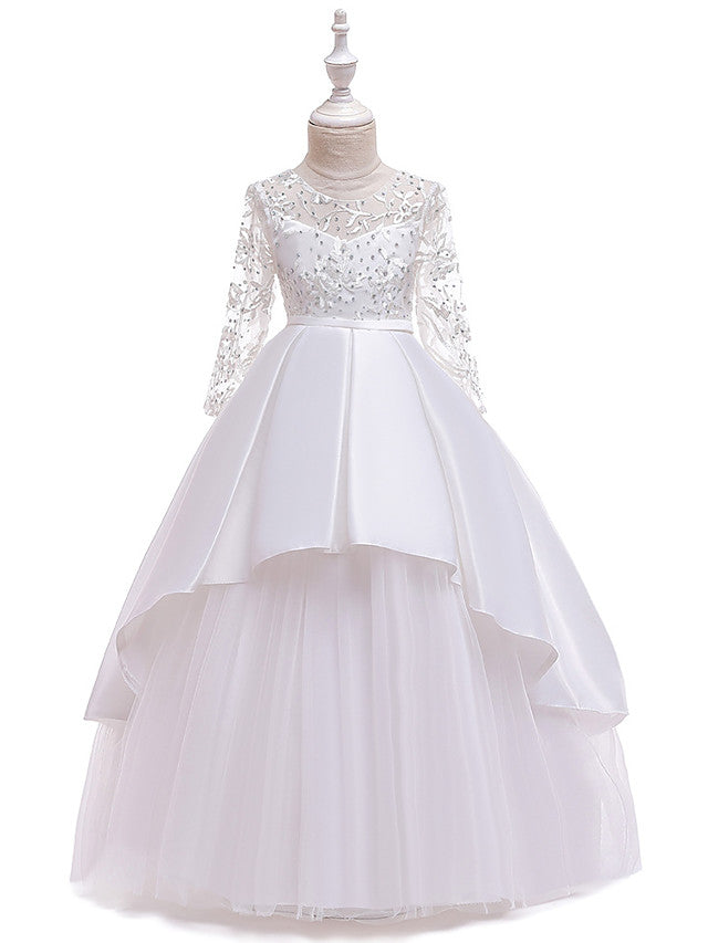 A-Line 3/4 Length Sleeve Jewel Neck Cotton Lace Ball Gown Flower Girl Dresses With Lace Sash Ribbon Pleats-BallBride