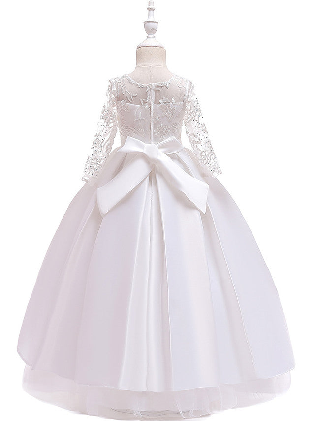 A-Line 3/4 Length Sleeve Jewel Neck Cotton Lace Ball Gown Flower Girl Dresses With Lace Sash Ribbon Pleats-BallBride