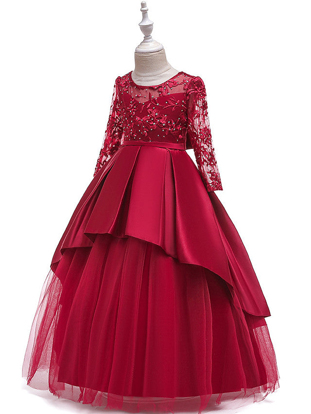 A-Line 3/4 Length Sleeve Jewel Neck Cotton Lace Ball Gown Flower Girl Dresses With Lace Sash Ribbon Pleats-BallBride