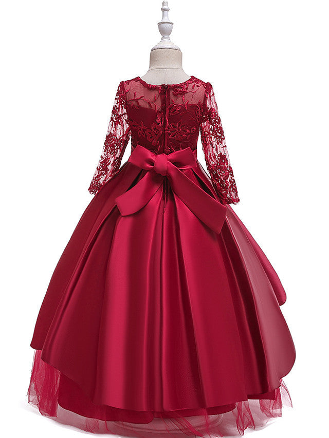 A-Line 3/4 Length Sleeve Jewel Neck Cotton Lace Ball Gown Flower Girl Dresses With Lace Sash Ribbon Pleats-BallBride