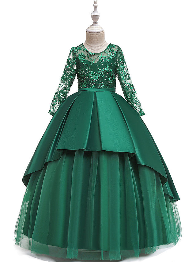 A-Line 3/4 Length Sleeve Jewel Neck Cotton Lace Ball Gown Flower Girl Dresses With Lace Sash Ribbon Pleats-BallBride