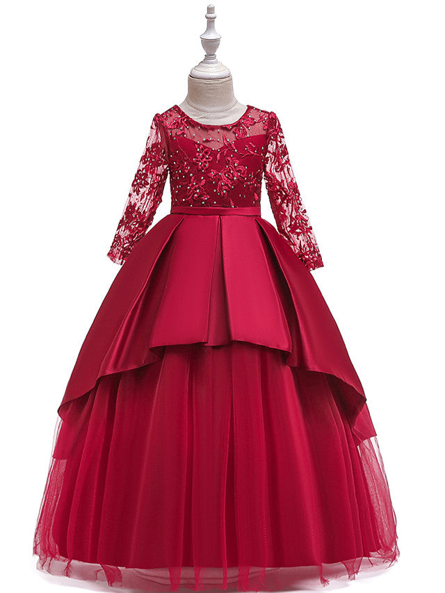 A-Line 3/4 Length Sleeve Jewel Neck Cotton Lace Ball Gown Flower Girl Dresses With Lace Sash Ribbon Pleats-BallBride