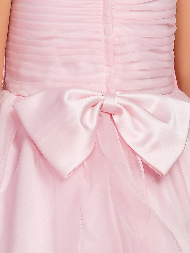 A-Line Ankle Length Organza First Communion Dress With Bow Ruched Appliques-BallBride