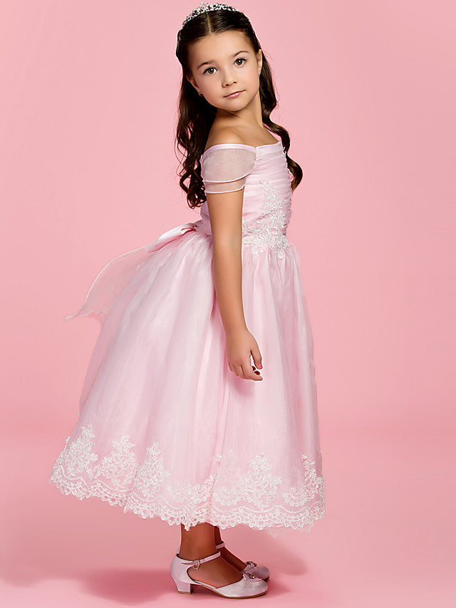 A-Line Ankle Length Organza First Communion Dress With Bow Ruched Appliques-BallBride