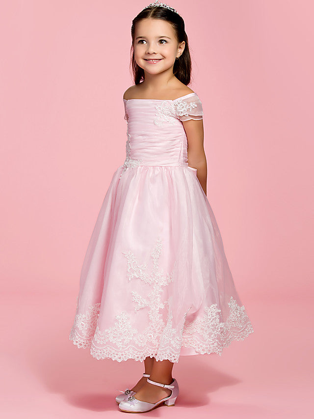 A-Line Ankle Length Organza First Communion Dress With Bow Ruched Appliques-BallBride