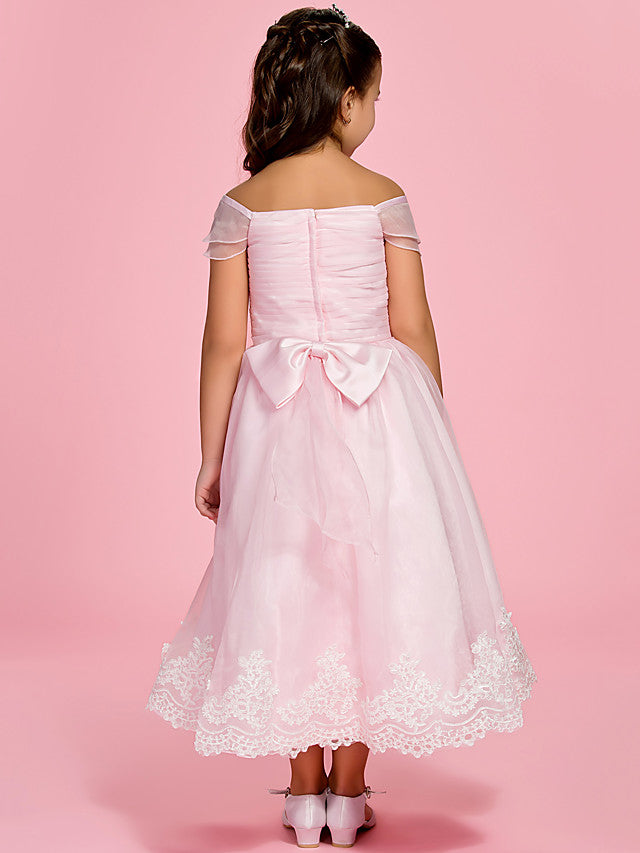 A-Line Ankle Length Organza First Communion Dress With Bow Ruched Appliques-BallBride