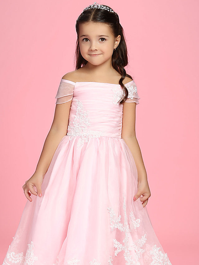 A-Line Ankle Length Organza First Communion Dress With Bow Ruched Appliques-BallBride