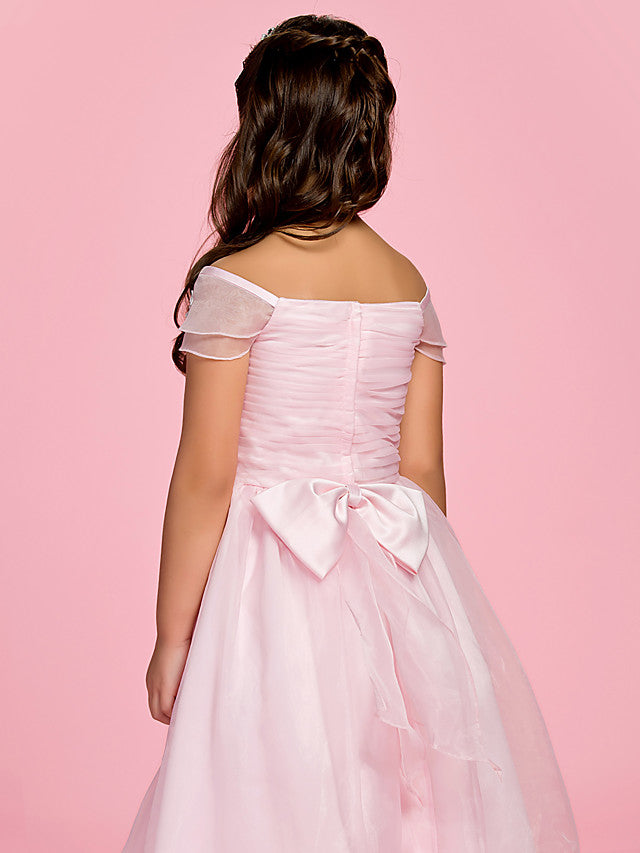 A-Line Ankle Length Organza First Communion Dress With Bow Ruched Appliques-BallBride