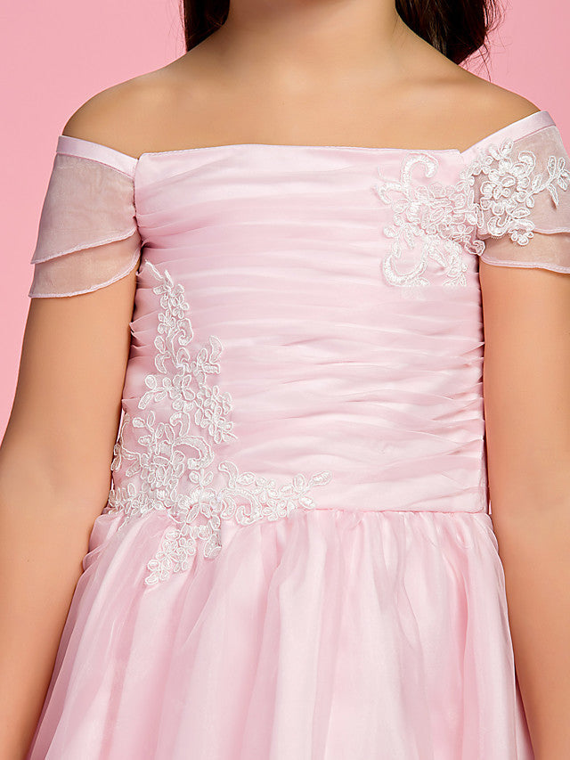 A-Line Ankle Length Organza First Communion Dress With Bow Ruched Appliques-BallBride