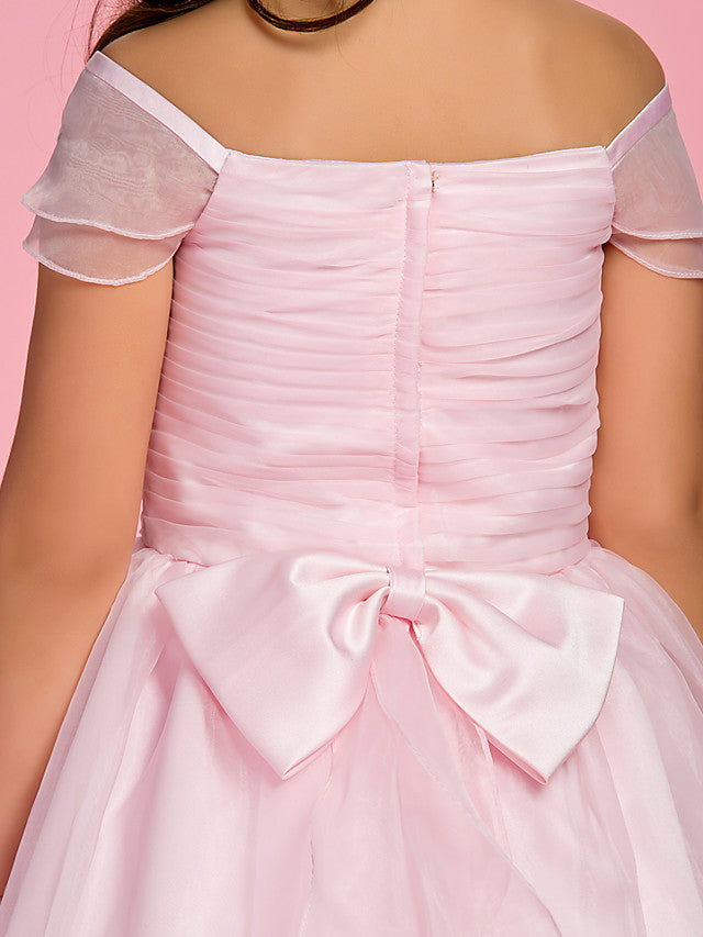A-Line Ankle Length Organza First Communion Dress With Bow Ruched Appliques-BallBride