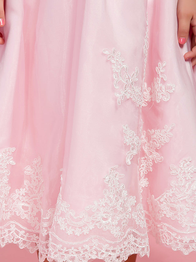 A-Line Ankle Length Organza First Communion Dress With Bow Ruched Appliques-BallBride