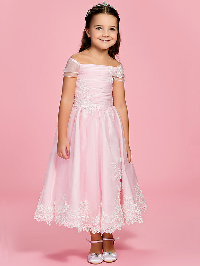 A-Line Ankle Length Organza First Communion Dress With Bow Ruched Appliques-BallBride