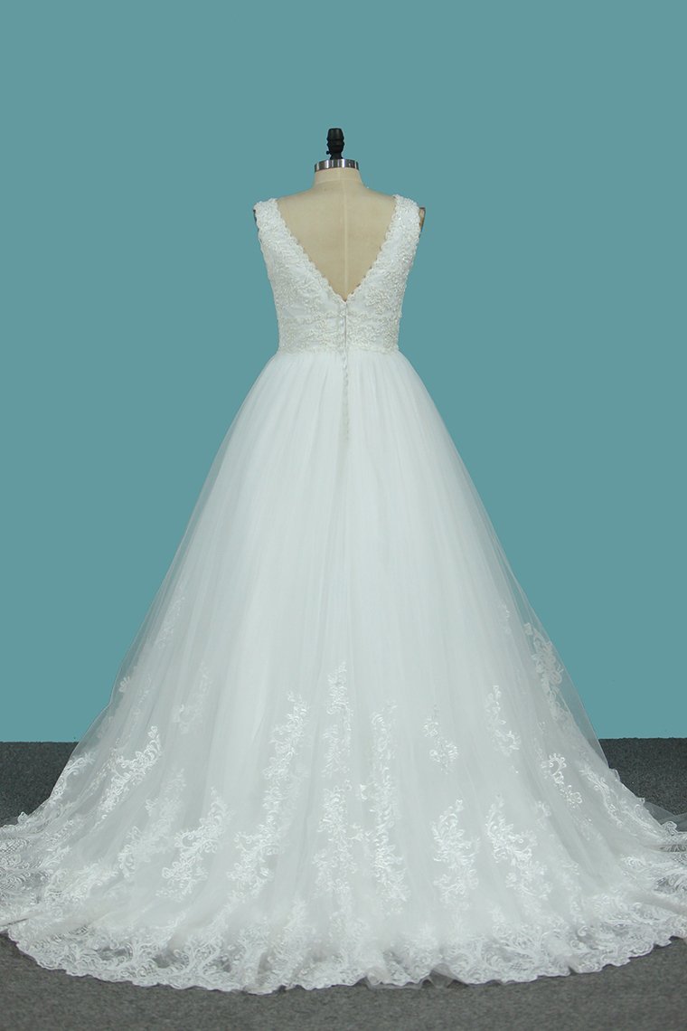 A-Line Backless Tulle Wedding Dress with Appliques Lace for Deep V-neck-BallBride