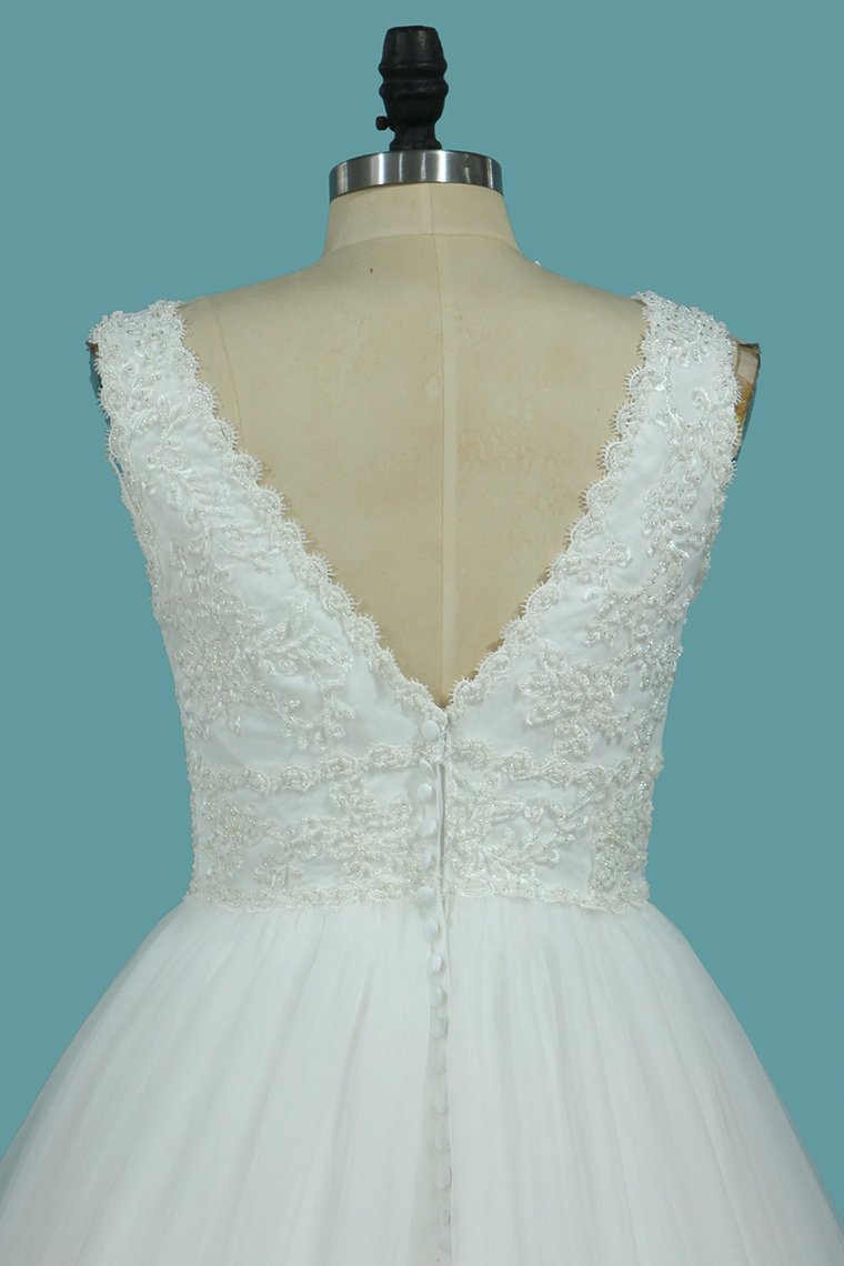 A-Line Backless Tulle Wedding Dress with Appliques Lace for Deep V-neck-BallBride