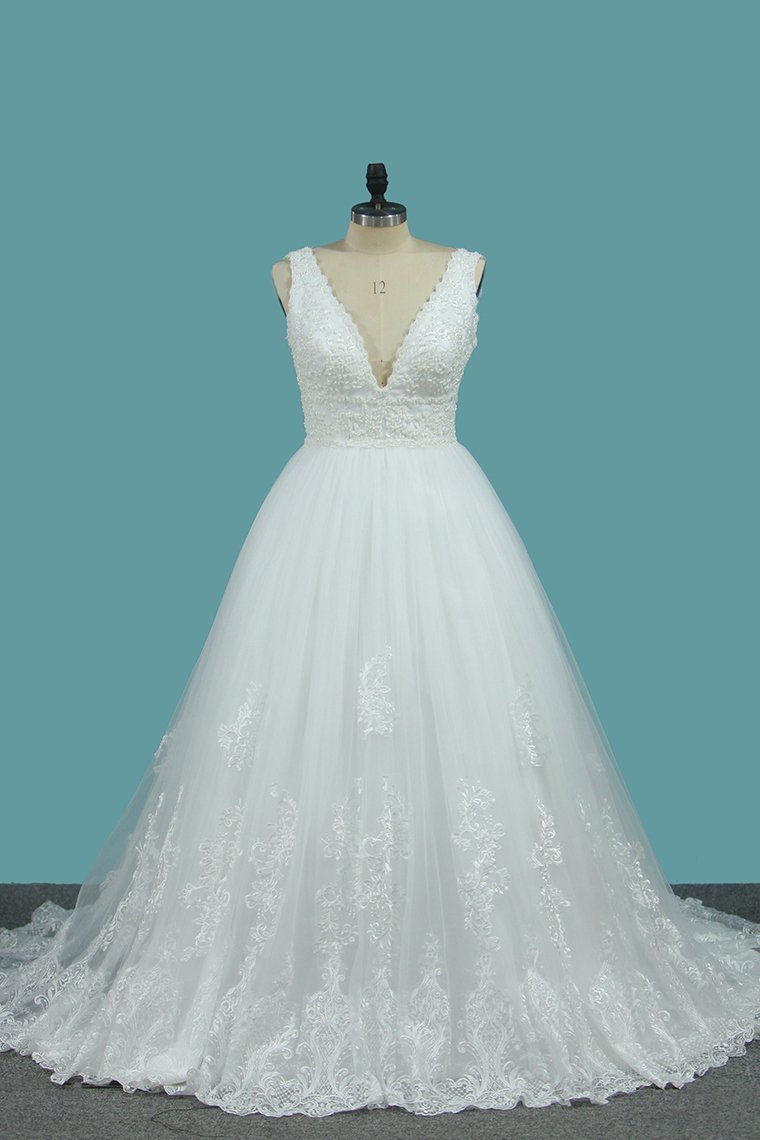 A-Line Backless Tulle Wedding Dress with Appliques Lace for Deep V-neck-BallBride