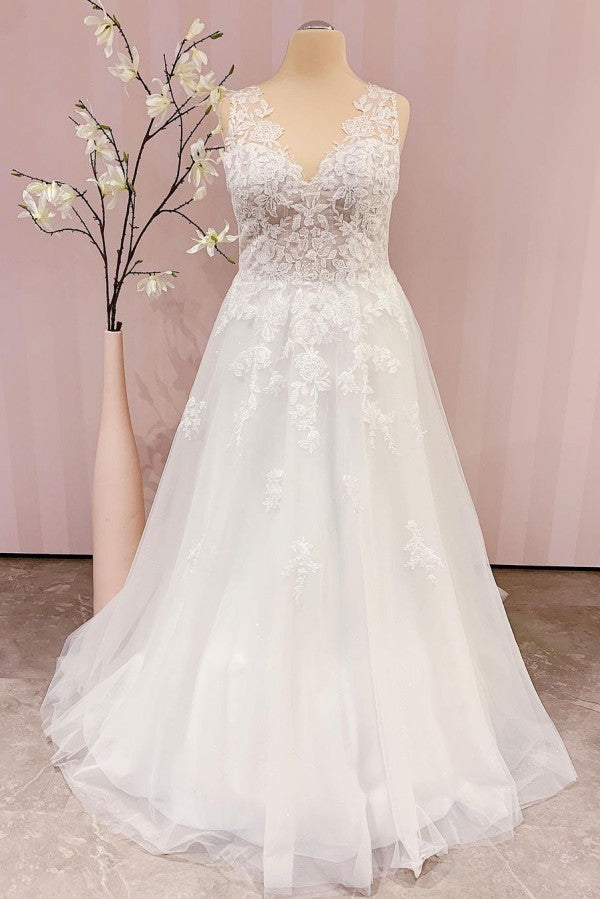 A-Line Backless Wedding Dress with Appliques Lace - Simple V-Neck Design-BallBride