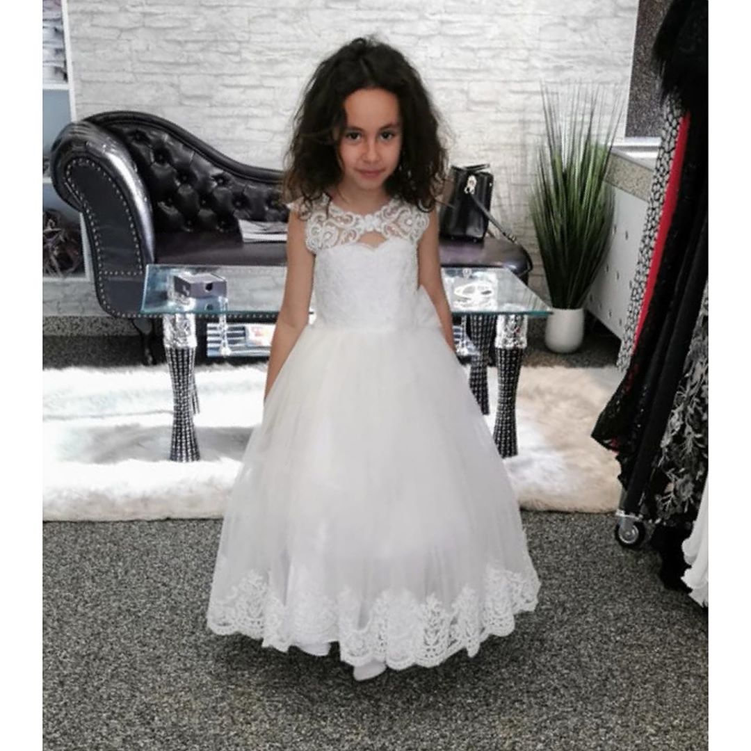 A-line Bateau Jewel Lace Flower Girl Dress with Pearls and Appliques-BallBride