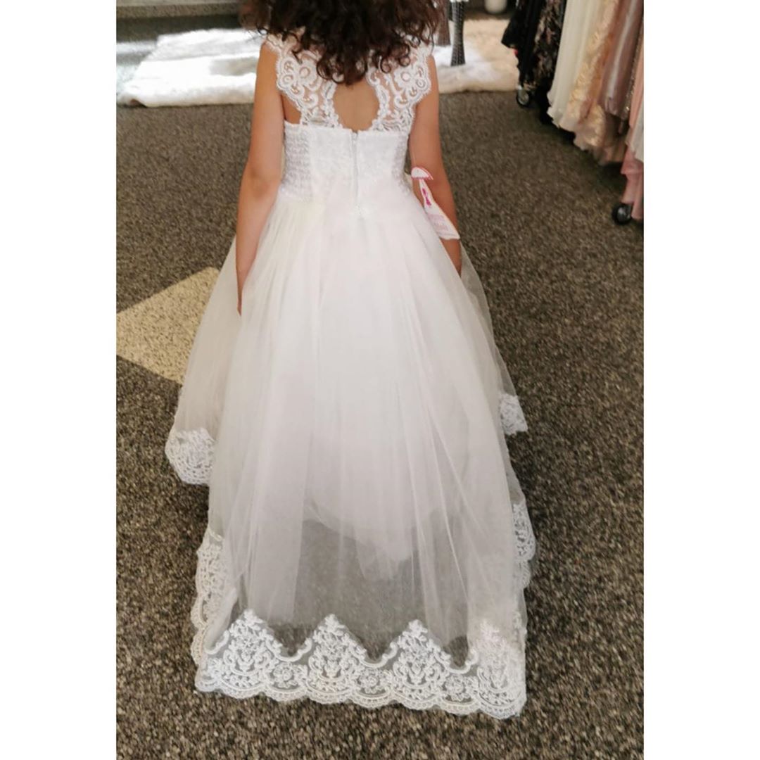 A-line Bateau Jewel Lace Flower Girl Dress with Pearls and Appliques-BallBride