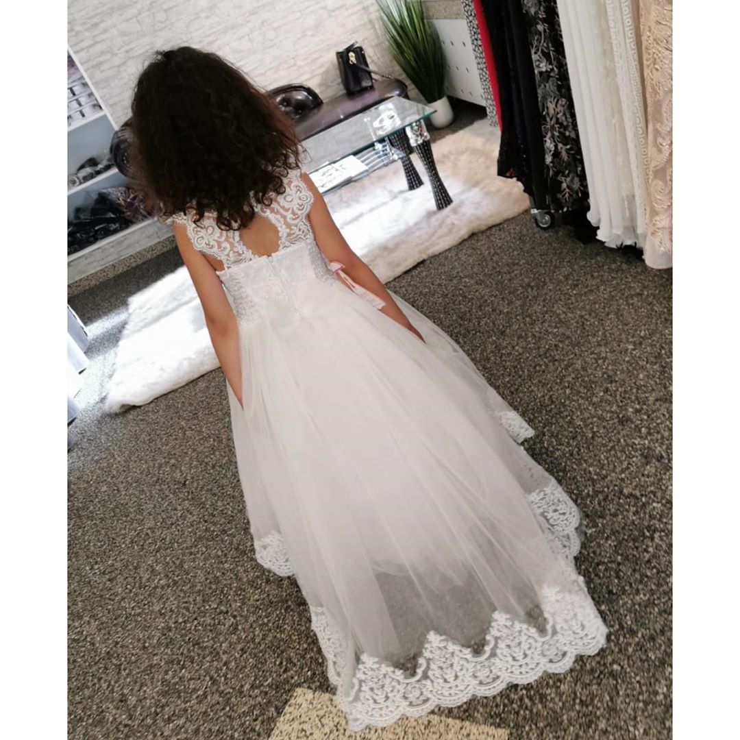 A-line Bateau Jewel Lace Flower Girl Dress with Pearls and Appliques-BallBride