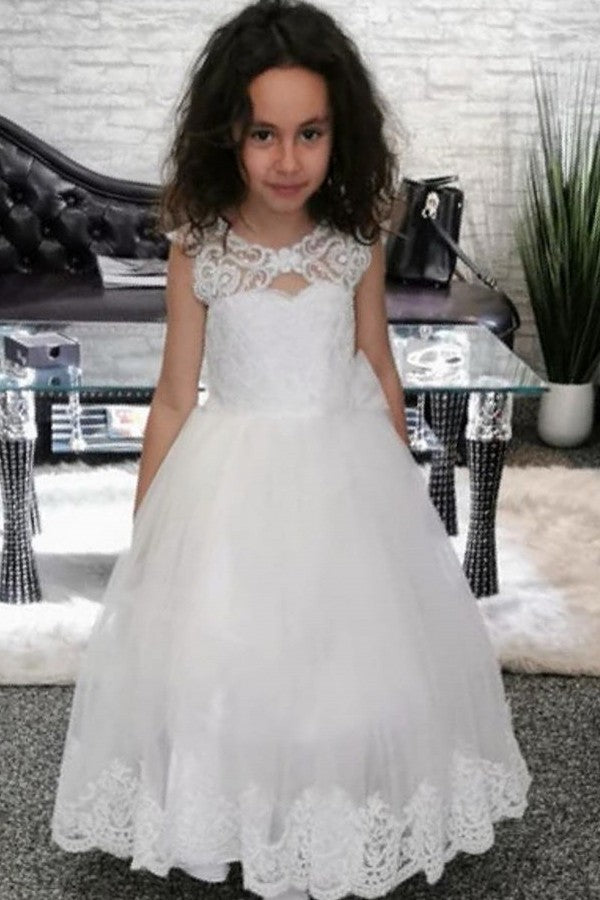 A-line Bateau Jewel Lace Flower Girl Dress with Pearls and Appliques-BallBride