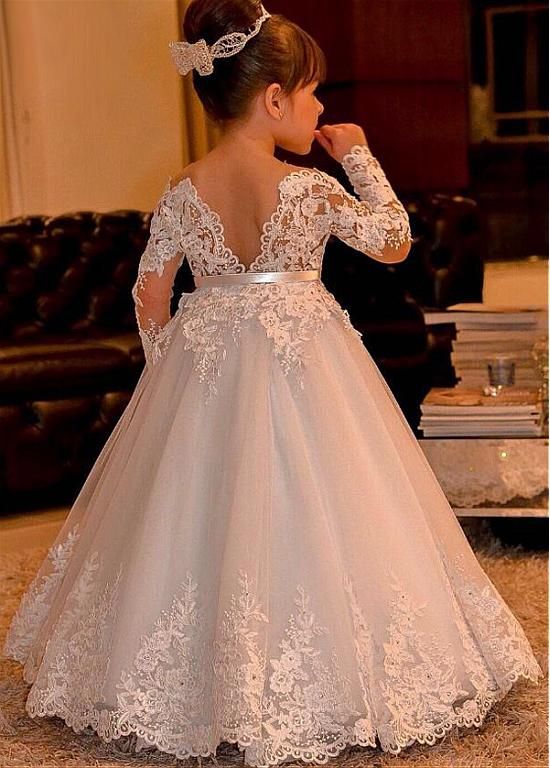 A-Line Bateau Long Sleeve Backless Flower Girl Dress With Lace Bowknot Appliques-BallBride