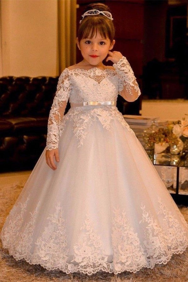A-Line Bateau Long Sleeve Backless Flower Girl Dress With Lace Bowknot Appliques-BallBride