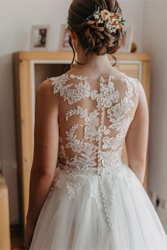 A Line Bateau Sleeveless Lace Wedding Dress with Tulle-BallBride