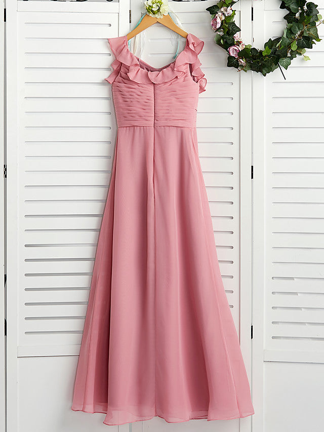 A-Line Boat Neck Maxi Chiffon Flower Girl Dress with Cascading Ruffles and Ruching-BallBride