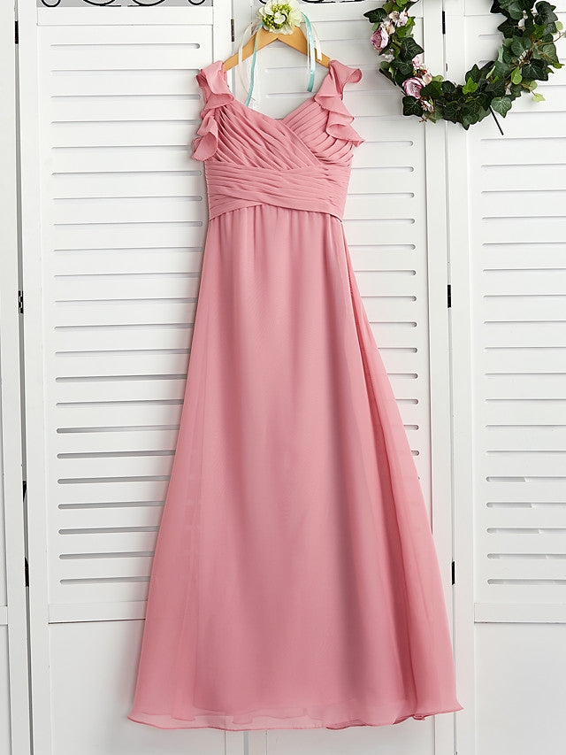 A-Line Boat Neck Maxi Chiffon Flower Girl Dress with Cascading Ruffles and Ruching-BallBride
