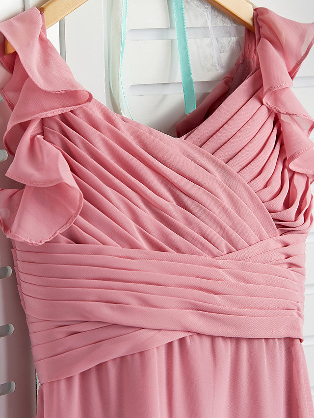 A-Line Boat Neck Maxi Chiffon Flower Girl Dress with Cascading Ruffles and Ruching-BallBride