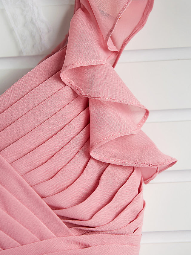 A-Line Boat Neck Maxi Chiffon Flower Girl Dress with Cascading Ruffles and Ruching-BallBride