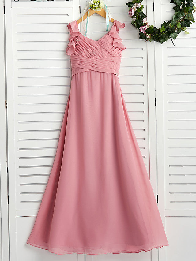 A-Line Boat Neck Maxi Chiffon Flower Girl Dress with Cascading Ruffles and Ruching-BallBride