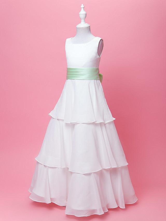 A-Line Chiffon Floor Length Wedding Dress With Ribbon Bow Sleeveless Scoop Neck and Sash Draping For Princesses-BallBride