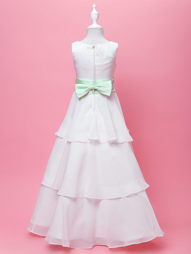 A-Line Chiffon Floor Length Wedding Dress With Ribbon Bow Sleeveless Scoop Neck and Sash Draping For Princesses-BallBride