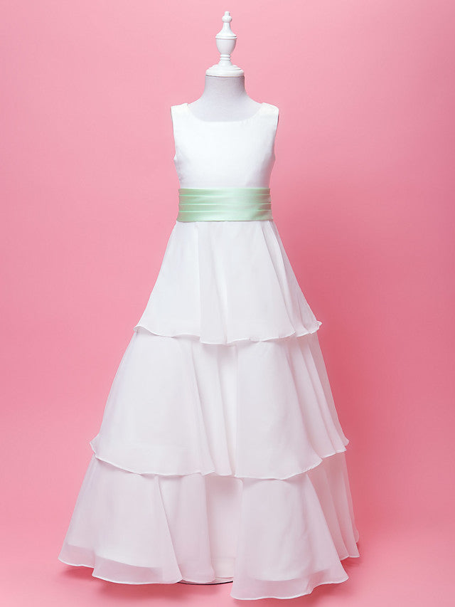 A-Line Chiffon Floor Length Wedding Dress With Ribbon Bow Sleeveless Scoop Neck and Sash Draping For Princesses-BallBride