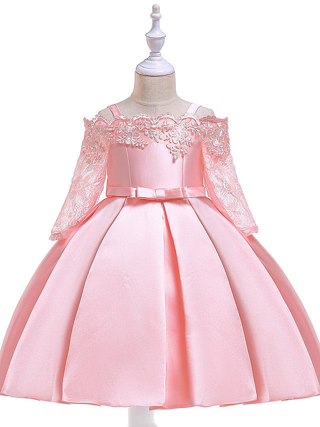 A-Line Cotton Blend Flower Girl Dress with Lace Sash & Ribbon Trim - 3/4 Length Sleeve Off Shoulder-BallBride
