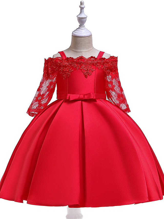 A-Line Cotton Blend Flower Girl Dress with Lace Sash & Ribbon Trim - 3/4 Length Sleeve Off Shoulder-BallBride