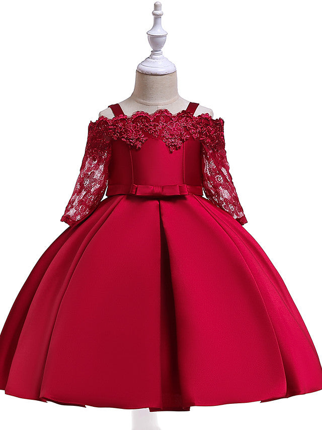 A-Line Cotton Blend Flower Girl Dress with Lace Sash & Ribbon Trim - 3/4 Length Sleeve Off Shoulder-BallBride