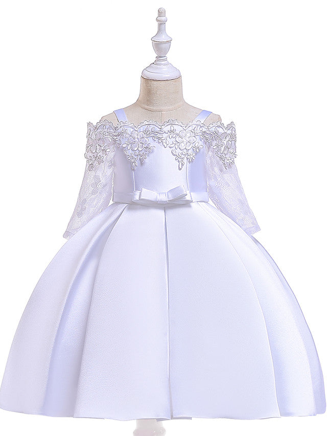 A-Line Cotton Blend Flower Girl Dress with Lace Sash & Ribbon Trim - 3/4 Length Sleeve Off Shoulder-BallBride