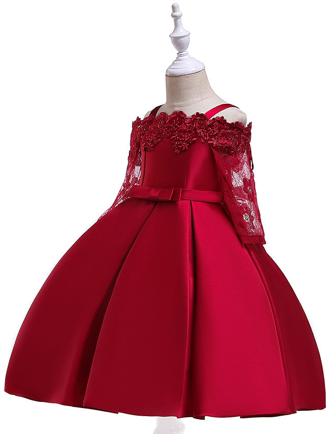 A-Line Cotton Blend Flower Girl Dress with Lace Sash & Ribbon Trim - 3/4 Length Sleeve Off Shoulder-BallBride