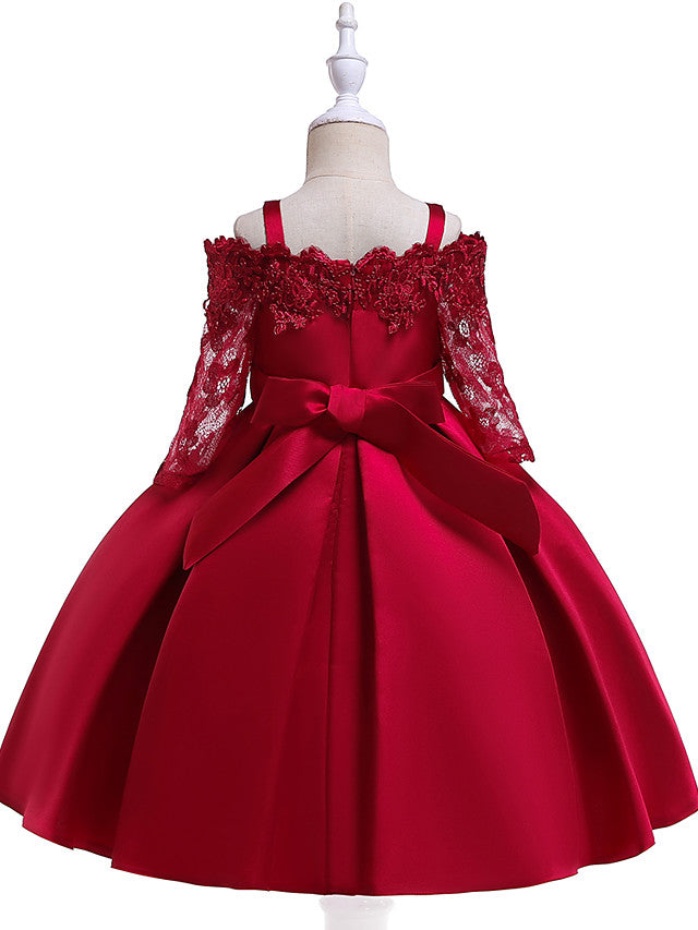 A-Line Cotton Blend Flower Girl Dress with Lace Sash & Ribbon Trim - 3/4 Length Sleeve Off Shoulder-BallBride