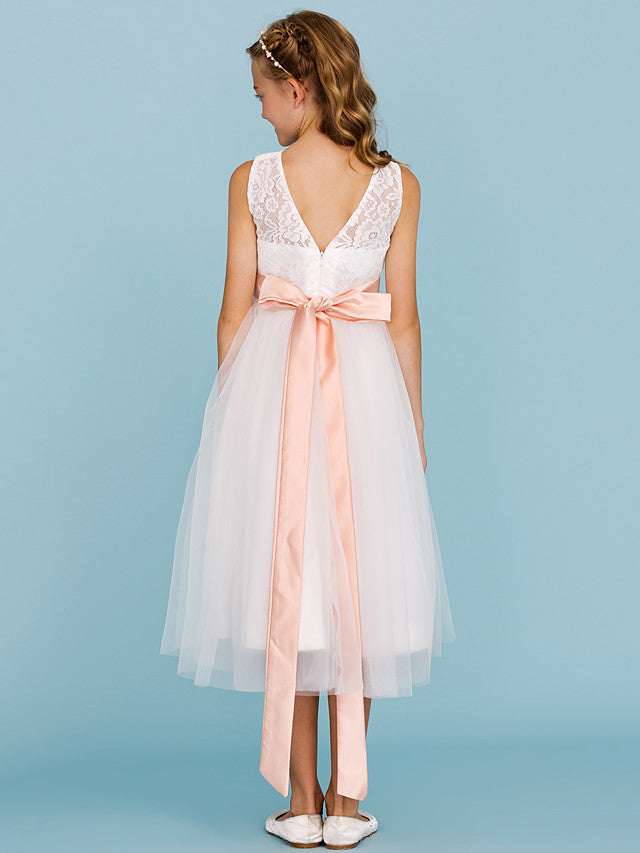 A-Line Crew Neck Tea Length Lace & Tulle Junior Bridesmaid Dress w/ Sash Ribbon Pleats for Weddings & Parties Open Back & See Through Design-BallBride