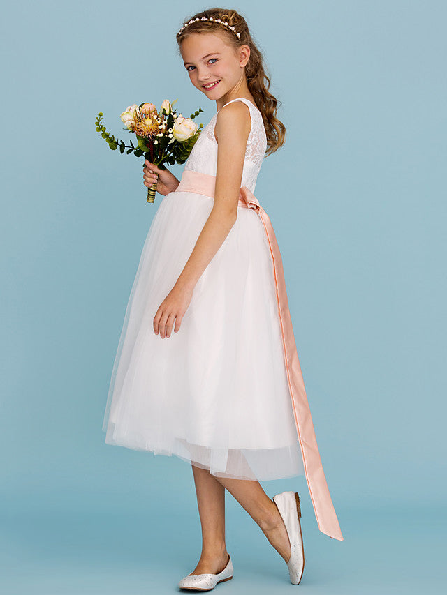 A-Line Crew Neck Tea Length Lace & Tulle Junior Bridesmaid Dress w/ Sash Ribbon Pleats for Weddings & Parties Open Back & See Through Design-BallBride