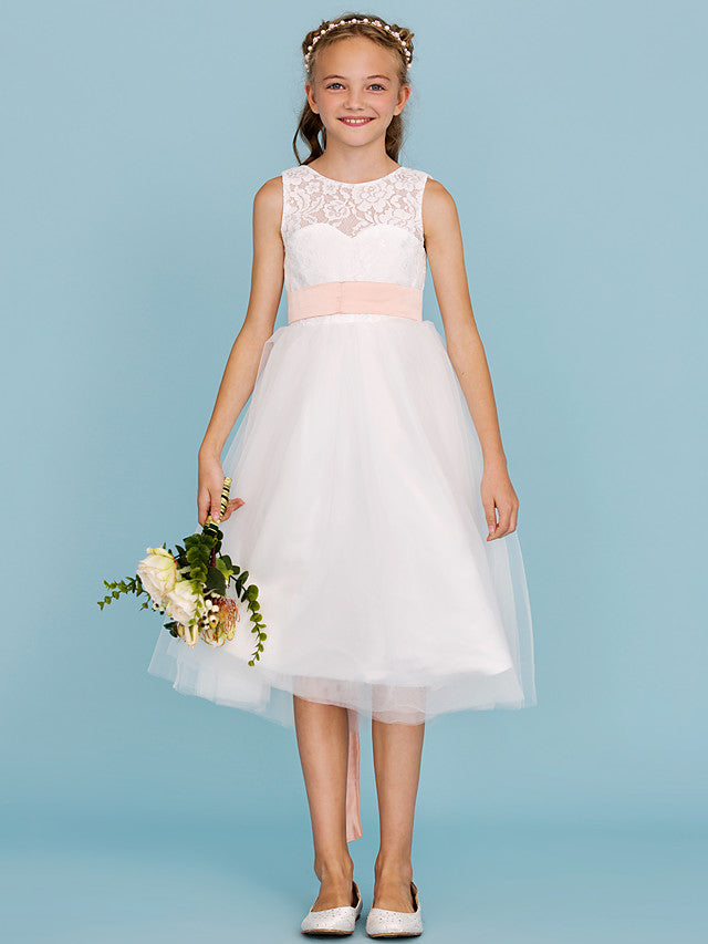 A-Line Crew Neck Tea Length Lace & Tulle Junior Bridesmaid Dress w/ Sash Ribbon Pleats for Weddings & Parties Open Back & See Through Design-BallBride