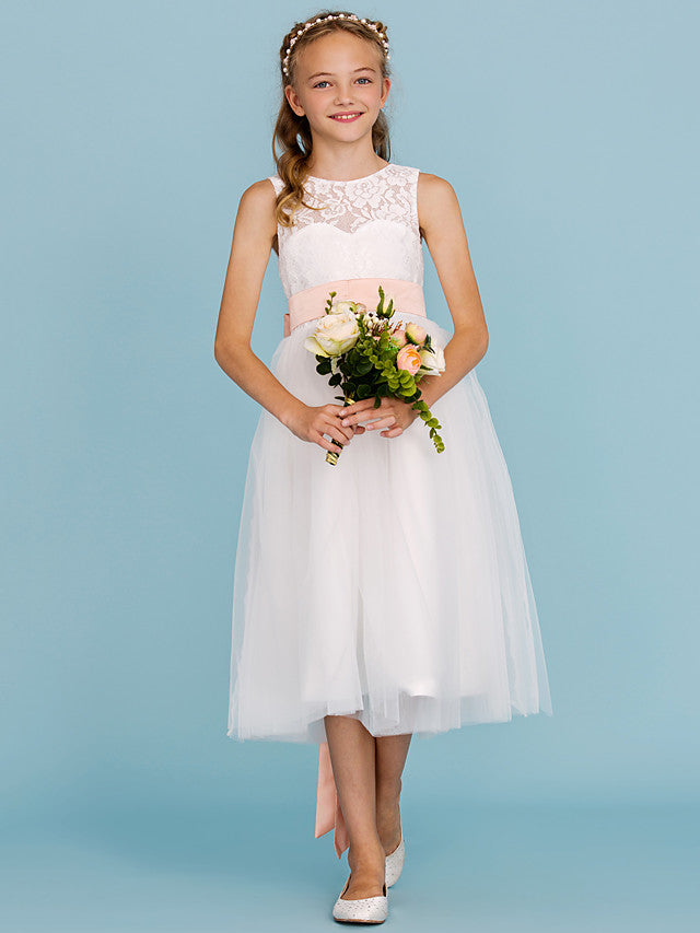 A-Line Crew Neck Tea Length Lace & Tulle Junior Bridesmaid Dress w/ Sash Ribbon Pleats for Weddings & Parties Open Back & See Through Design-BallBride