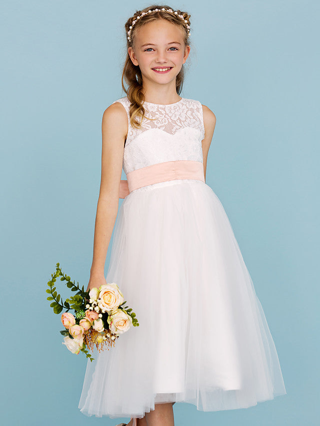 A-Line Crew Neck Tea Length Lace & Tulle Junior Bridesmaid Dress w/ Sash Ribbon Pleats for Weddings & Parties Open Back & See Through Design-BallBride