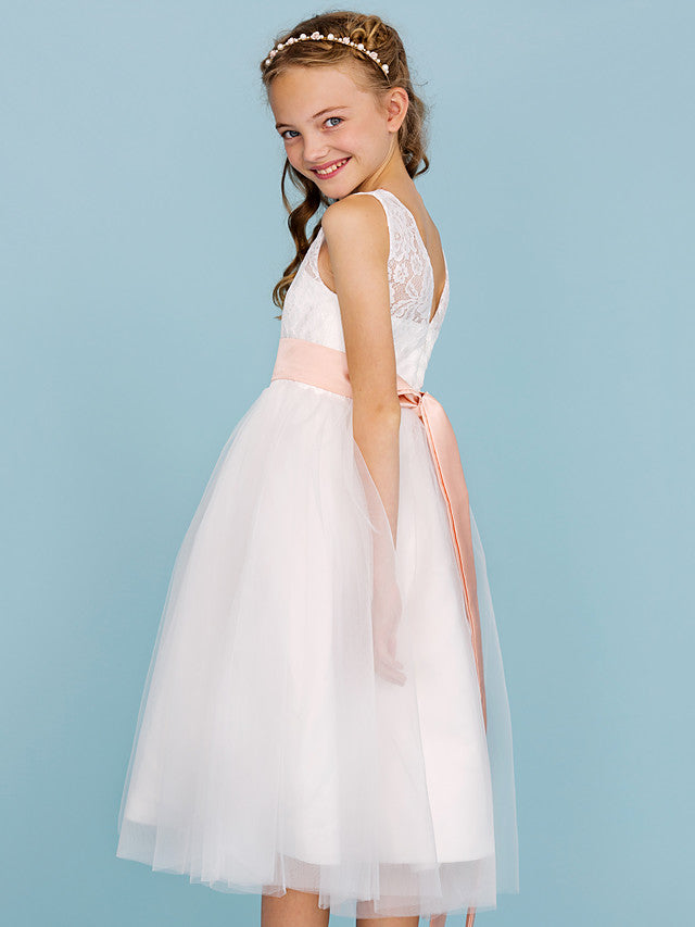 A-Line Crew Neck Tea Length Lace & Tulle Junior Bridesmaid Dress w/ Sash Ribbon Pleats for Weddings & Parties Open Back & See Through Design-BallBride