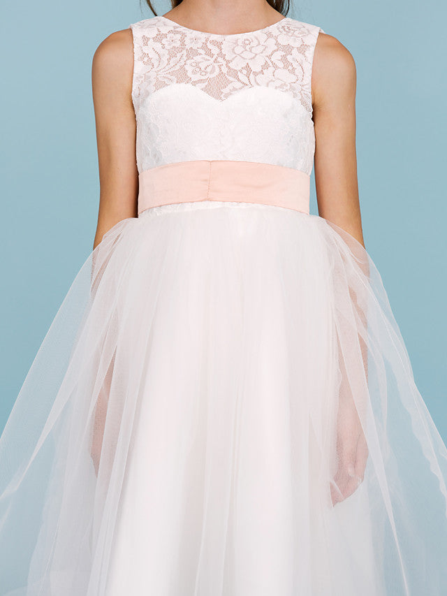 A-Line Crew Neck Tea Length Lace & Tulle Junior Bridesmaid Dress w/ Sash Ribbon Pleats for Weddings & Parties Open Back & See Through Design-BallBride