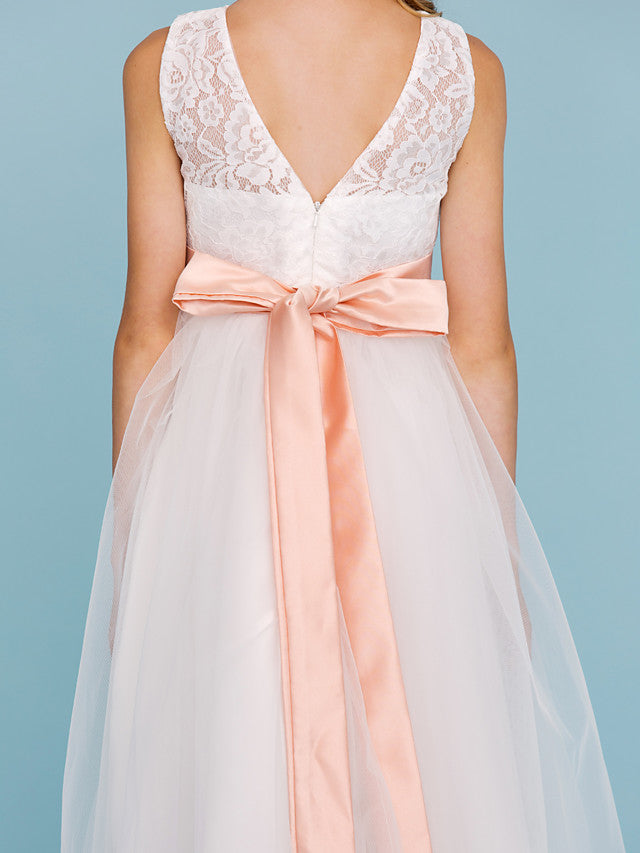 A-Line Crew Neck Tea Length Lace & Tulle Junior Bridesmaid Dress w/ Sash Ribbon Pleats for Weddings & Parties Open Back & See Through Design-BallBride